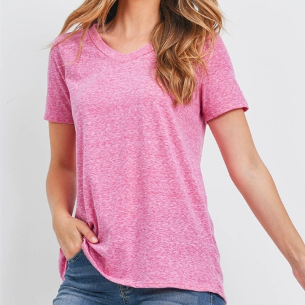Pink Heathered V-Neck Short Sleeve Tee